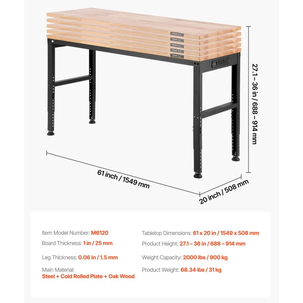 VEVOR Adjustable Workbench, 2000 lbs Capacity, 61 x 20-inch Heavy Duty Work Bench with 27.1-36 Inches Height Adjustment, Garage Workbench with Power Outlets, Suitable for Office, Garage, Workshop