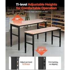 VEVOR Adjustable Workbench, 2000 lbs Capacity, 61 x 20-inch Heavy Duty Work Bench with 27.1-36 Inches Height Adjustment, Garage Workbench with Power Outlets, Suitable for Office, Garage, Workshop