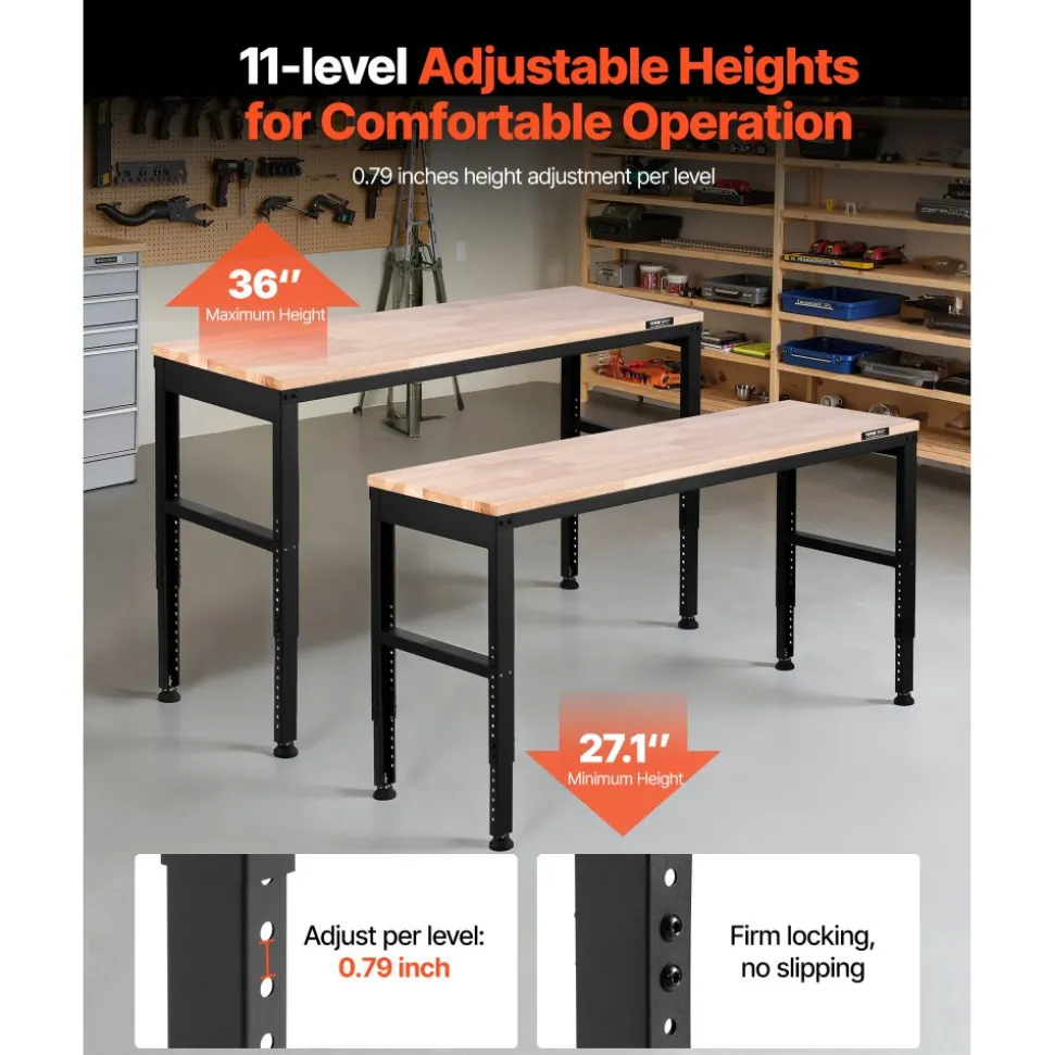 VEVOR Adjustable Workbench, 2000 lbs Capacity, 61 x 20-inch Heavy Duty Work Bench with 27.1-36 Inches Height Adjustment, Garage Workbench with Power Outlets, Suitable for Office, Garage, Workshop