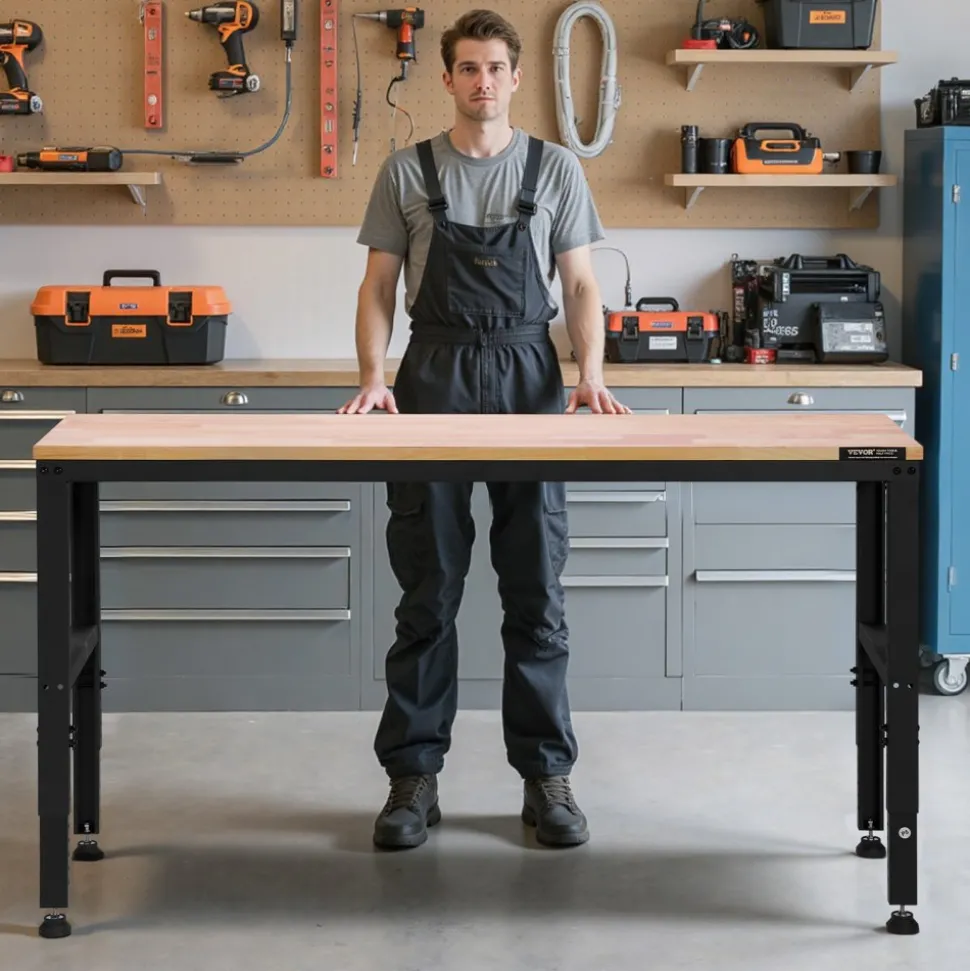 VEVOR Adjustable Workbench, 2000 lbs Capacity, 61 x 20-inch Heavy Duty Work Bench with 27.1-36 Inches Height Adjustment, Garage Workbench with Power Outlets, Suitable for Office, Garage, Workshop