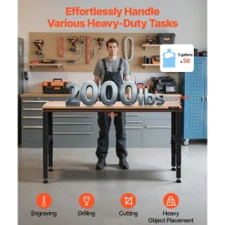 VEVOR Adjustable Workbench, 2000 lbs Capacity, 61 x 20-inch Heavy Duty Work Bench with 27.1-36 Inches Height Adjustment, Garage Workbench with Power Outlets, Suitable for Office, Garage, Workshop