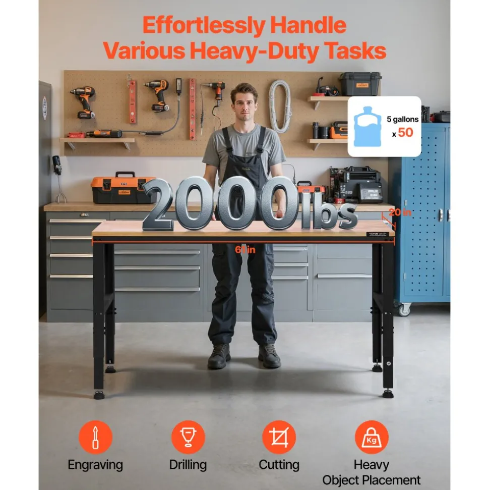 VEVOR Adjustable Workbench, 2000 lbs Capacity, 61 x 20-inch Heavy Duty Work Bench with 27.1-36 Inches Height Adjustment, Garage Workbench with Power Outlets, Suitable for Office, Garage, Workshop