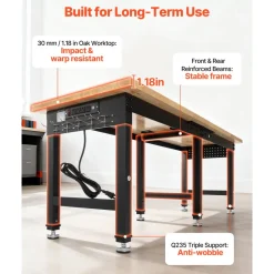VEVOR Adjustable Workbench, 5000 lbs Capacity, 72 x 24 Inch Oak Wood Top Workstation with 4 AC Outlets & 2 USB Ports, Heavy-Duty Hardwood Worktable for Garage, Workshop, Home, Office, Commercial