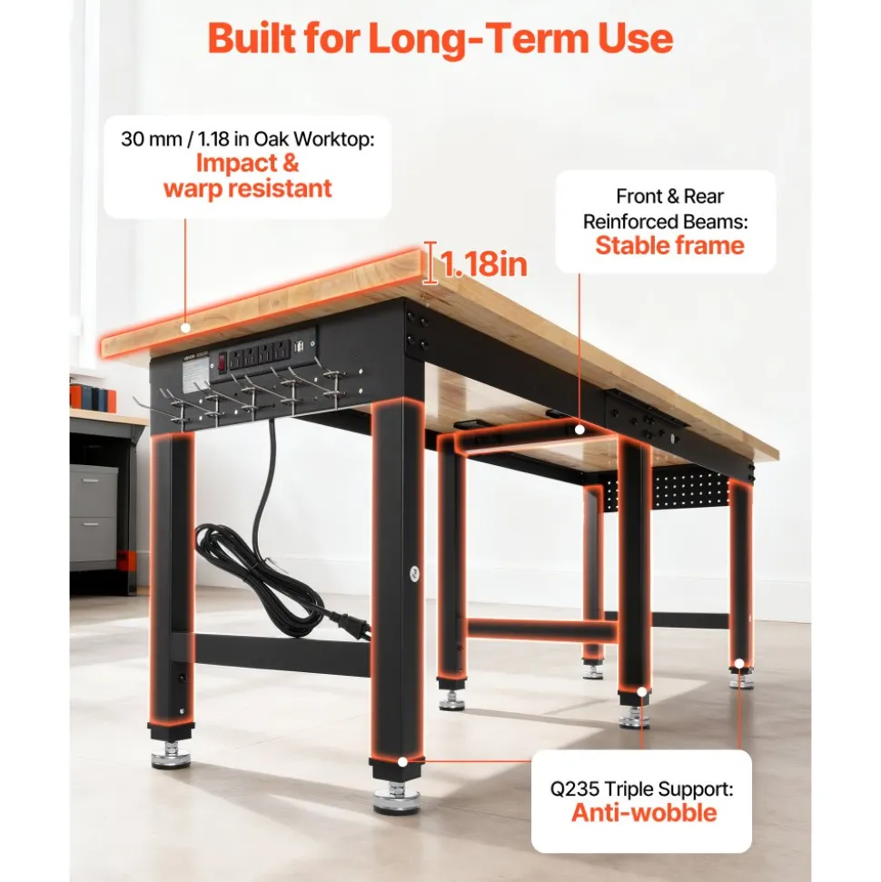 VEVOR Adjustable Workbench, 5000 lbs Capacity, 72 x 24 Inch Oak Wood Top Workstation with 4 AC Outlets & 2 USB Ports, Heavy-Duty Hardwood Worktable for Garage, Workshop, Home, Office, Commercial