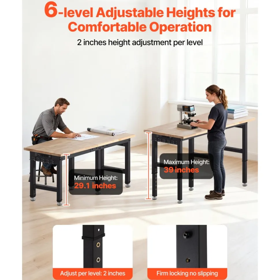 VEVOR Adjustable Workbench, 5000 lbs Capacity, 72 x 24 Inch Oak Wood Top Workstation with 4 AC Outlets & 2 USB Ports, Heavy-Duty Hardwood Worktable for Garage, Workshop, Home, Office, Commercial