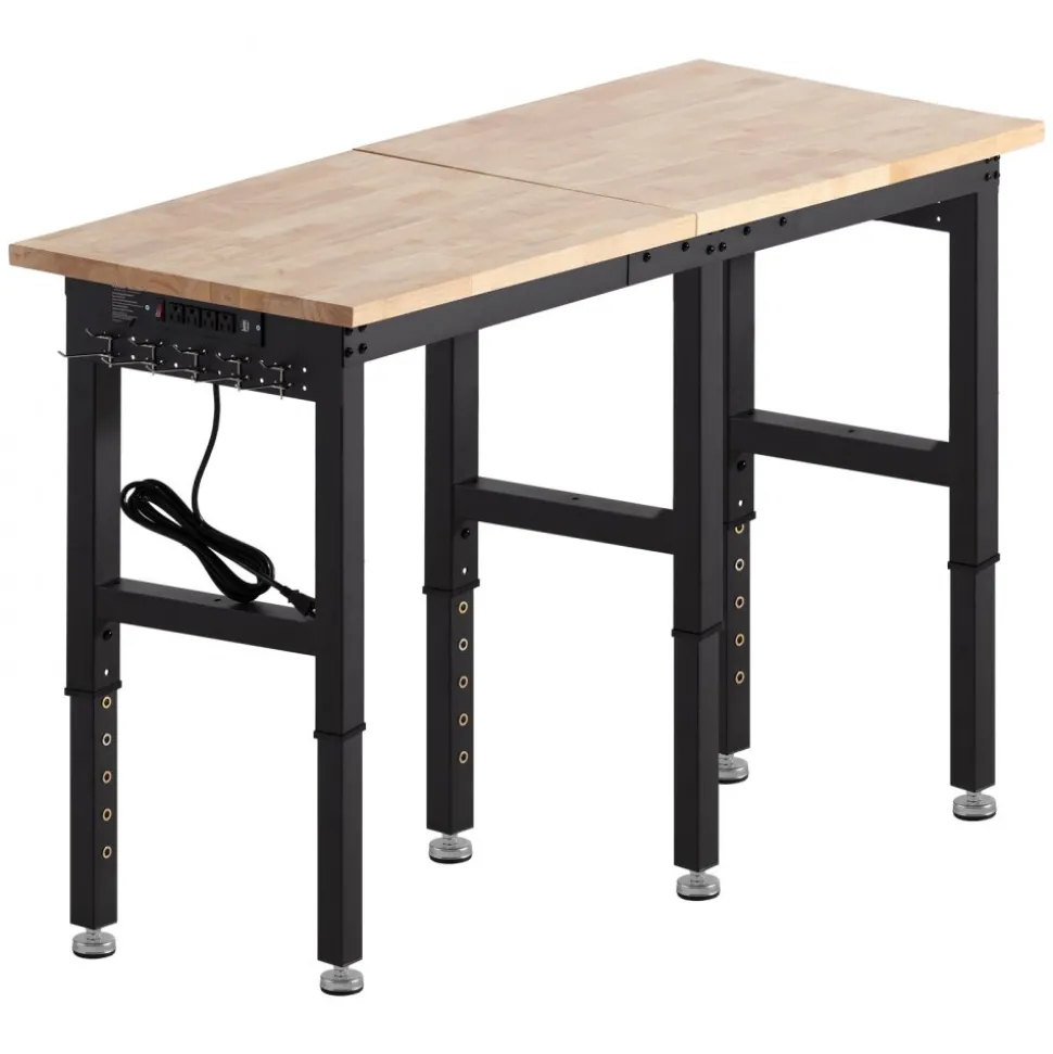 VEVOR Adjustable Workbench, 5000 lbs Capacity, 72 x 24 Inch Oak Wood Top Workstation with 4 AC Outlets & 2 USB Ports, Heavy-Duty Hardwood Worktable for Garage, Workshop, Home, Office, Commercial