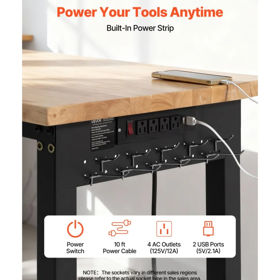 VEVOR Adjustable Workbench, 5000 lbs Capacity, 72 x 24 Inch Oak Wood Top Workstation with 4 AC Outlets & 2 USB Ports, Heavy-Duty Hardwood Worktable for Garage, Workshop, Home, Office, Commercial