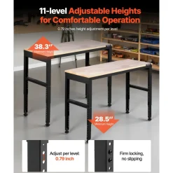VEVOR Adjustable Workbench, 2000 lbs Capacity, 48 x 20-inch Heavy Duty Work Bench with 28.5-38.3 Inches Height Adjustment, Garage Workbench with Power Outlets, Suitable for Office, Garage, Workshop