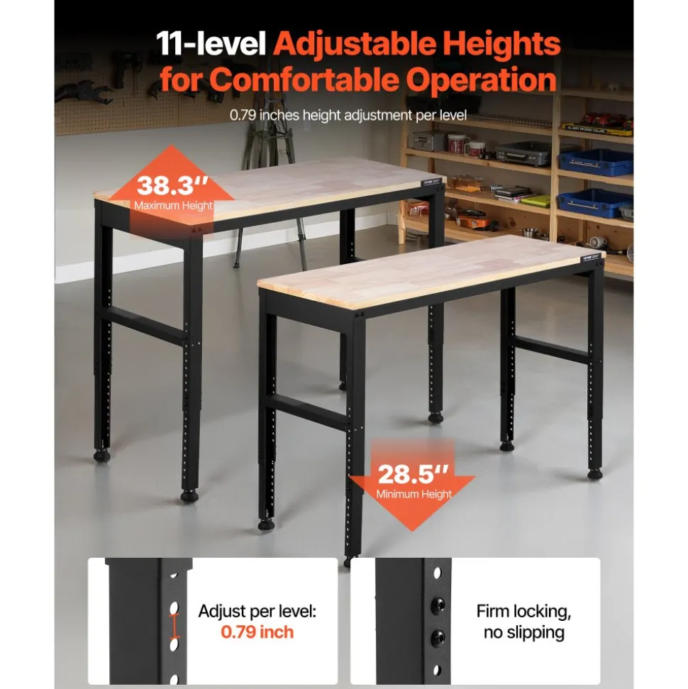 VEVOR Adjustable Workbench, 2000 lbs Capacity, 48 x 20-inch Heavy Duty Work Bench with 28.5-38.3 Inches Height Adjustment, Garage Workbench with Power Outlets, Suitable for Office, Garage, Workshop