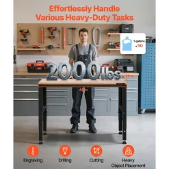 VEVOR Adjustable Workbench, 2000 lbs Capacity, 48 x 20-inch Heavy Duty Work Bench with 28.5-38.3 Inches Height Adjustment, Garage Workbench with Power Outlets, Suitable for Office, Garage, Workshop