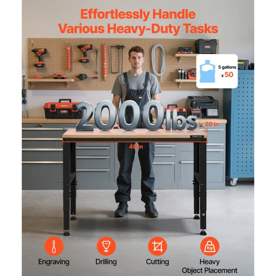 VEVOR Adjustable Workbench, 2000 lbs Capacity, 48 x 20-inch Heavy Duty Work Bench with 28.5-38.3 Inches Height Adjustment, Garage Workbench with Power Outlets, Suitable for Office, Garage, Workshop