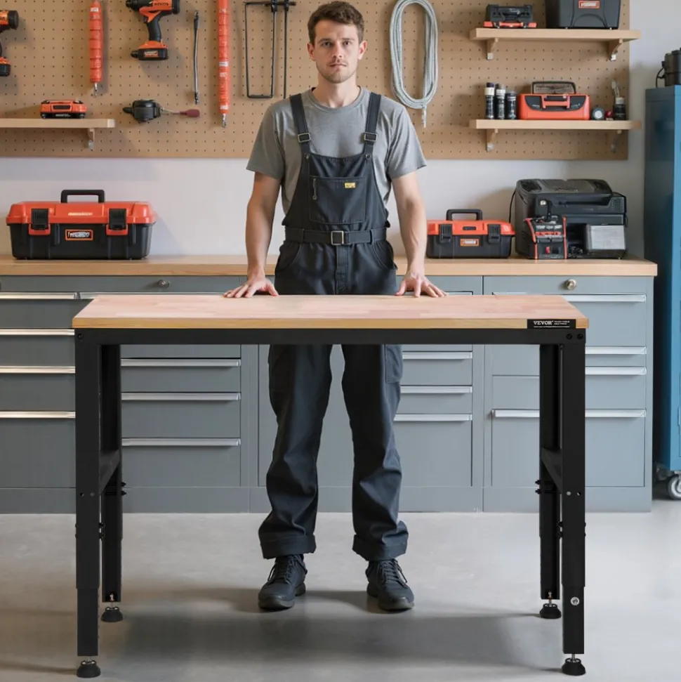 VEVOR Adjustable Workbench, 2000 lbs Capacity, 48 x 20-inch Heavy Duty Work Bench with 28.5-38.3 Inches Height Adjustment, Garage Workbench with Power Outlets, Suitable for Office, Garage, Workshop