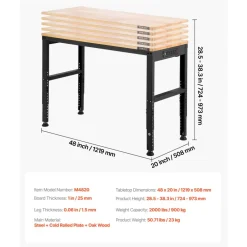 VEVOR Adjustable Workbench, 2000 lbs Capacity, 48 x 20-inch Heavy Duty Work Bench with 28.5-38.3 Inches Height Adjustment, Garage Workbench with Power Outlets, Suitable for Office, Garage, Workshop