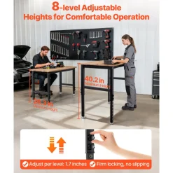 VEVOR Adjustable Workbench, 1500 lbs Capacity, 48 x 24 Inch Oak Wood Top Workbench with 26.3-40.2 Inch Height Adjustment, Heavy-Duty Hardwood Worktable for Garage, Workshop, Home, Office, Commercial