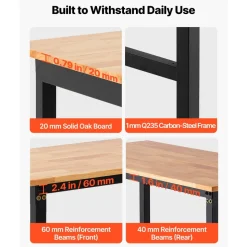 VEVOR Adjustable Workbench, 1500 lbs Capacity, 48 x 24 Inch Oak Wood Top Workbench with 26.3-40.2 Inch Height Adjustment, Heavy-Duty Hardwood Worktable for Garage, Workshop, Home, Office, Commercial