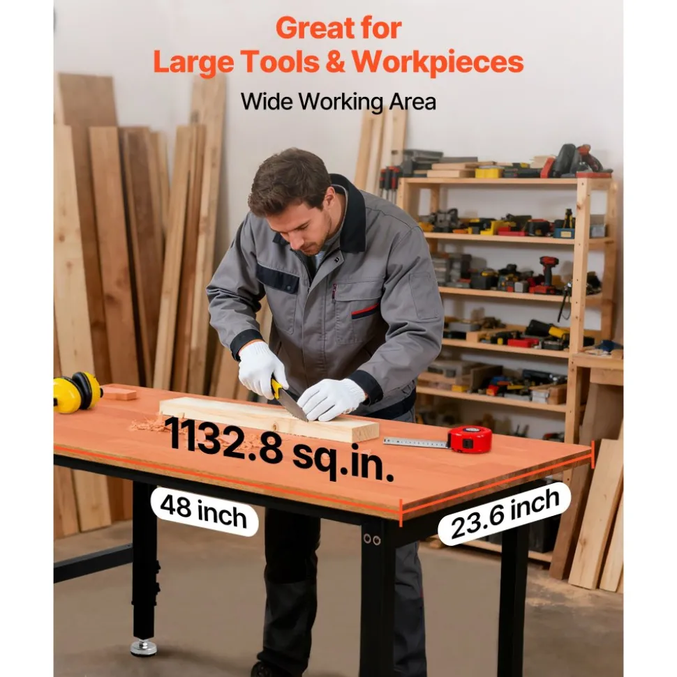 VEVOR Adjustable Workbench, 1500 lbs Capacity, 48 x 24 Inch Oak Wood Top Workbench with 26.3-40.2 Inch Height Adjustment, Heavy-Duty Hardwood Worktable for Garage, Workshop, Home, Office, Commercial