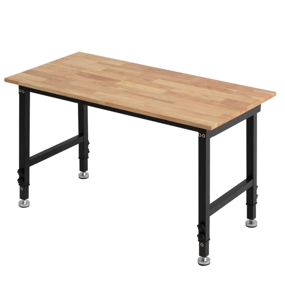 VEVOR Adjustable Workbench, 1500 lbs Capacity, 48 x 24 Inch Oak Wood Top Workbench with 26.3-40.2 Inch Height Adjustment, Heavy-Duty Hardwood Worktable for Garage, Workshop, Home, Office, Commercial