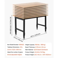 VEVOR Adjustable Workbench, 1500 lbs Capacity, 48 x 24 Inch Oak Wood Top Workbench with 26.3-40.2 Inch Height Adjustment, Heavy-Duty Hardwood Worktable for Garage, Workshop, Home, Office, Commercial