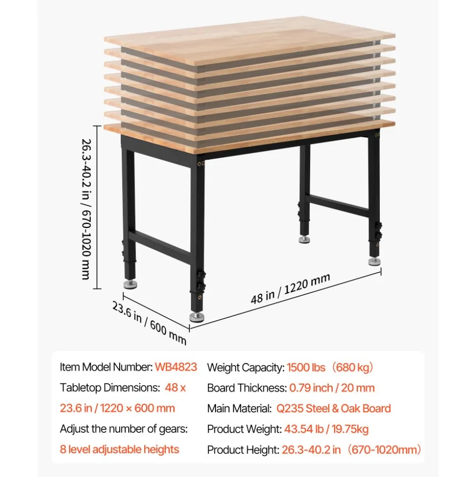 VEVOR Adjustable Workbench, 1500 lbs Capacity, 48 x 24 Inch Oak Wood Top Workbench with 26.3-40.2 Inch Height Adjustment, Heavy-Duty Hardwood Worktable for Garage, Workshop, Home, Office, Commercial