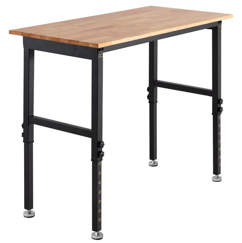 VEVOR Adjustable Workbench, 1500 lbs Capacity, 48 x 24 Inch Oak Wood Top Workbench with 26.3-40.2 Inch Height Adjustment, Heavy-Duty Hardwood Worktable for Garage, Workshop, Home, Office, Commercial
