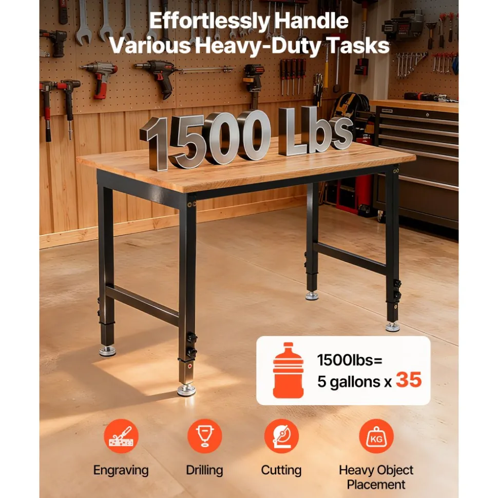 VEVOR Adjustable Workbench, 1500 lbs Capacity, 48 x 24 Inch Oak Wood Top Workbench with 26.3-40.2 Inch Height Adjustment, Heavy-Duty Hardwood Worktable for Garage, Workshop, Home, Office, Commercial