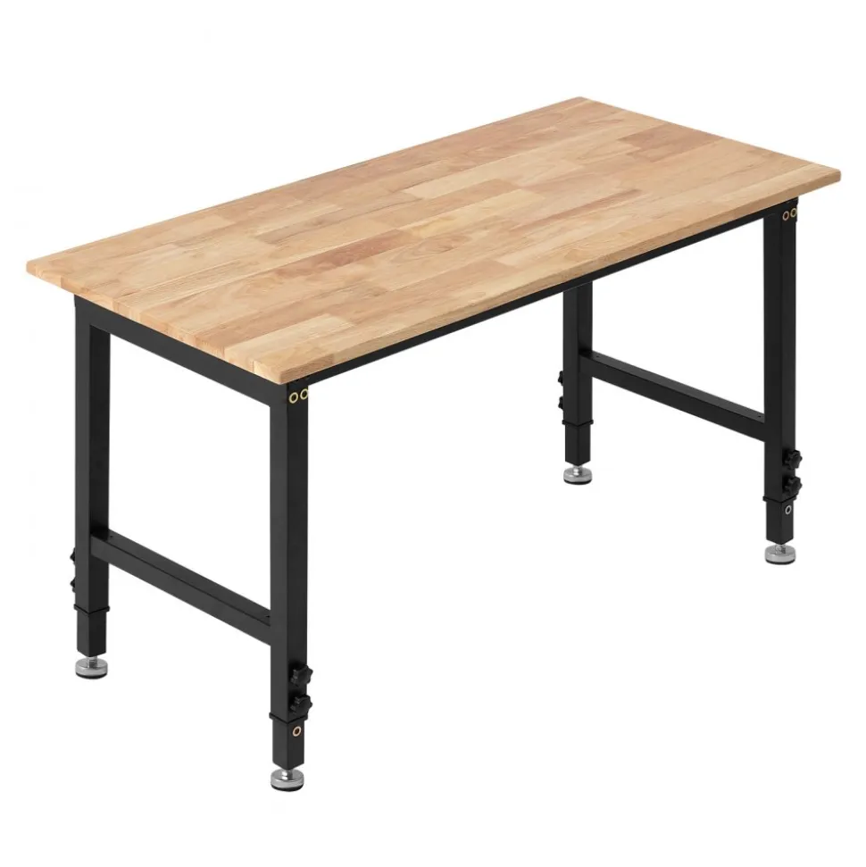 VEVOR Adjustable Workbench, 1500 lbs Capacity, 48 x 24 Inch Oak Wood Top Workbench with 26.3-40.2 Inch Height Adjustment, Heavy-Duty Hardwood Worktable for Garage, Workshop, Home, Office, Commercial