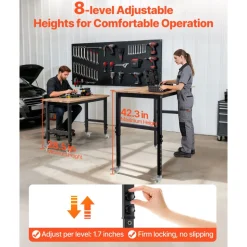 VEVOR Adjustable Workbench on Wheels, 1500 lbs Capacity, 48 x 24 Inch Oak Wood Top Workbench with 28.5-42.3 Inch Height Adjustment, Heavy-Duty Hardwood Worktable for Garage, Workshop, Home, Office