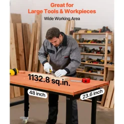 VEVOR Adjustable Workbench on Wheels, 1500 lbs Capacity, 48 x 24 Inch Oak Wood Top Workbench with 28.5-42.3 Inch Height Adjustment, Heavy-Duty Hardwood Worktable for Garage, Workshop, Home, Office