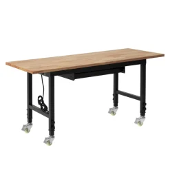 VEVOR Adjustable Workbench on Wheels, 2000 lbs Capacity, 60 x 24 Inch Oak Wood Top Workbench with Drawer & Power Outlets, Heavy-Duty Hardwood Worktable for Garage, Workshop, Home, Office, Commercial