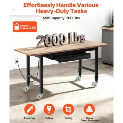 VEVOR Adjustable Workbench on Wheels, 2000 lbs Capacity, 60 x 24 Inch Oak Wood Top Workbench with Drawer & Power Outlets, Heavy-Duty Hardwood Worktable for Garage, Workshop, Home, Office, Commercial