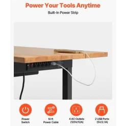 VEVOR Adjustable Workbench on Wheels, 2000 lbs Capacity, 60 x 24 Inch Oak Wood Top Workbench with Drawer & Power Outlets, Heavy-Duty Hardwood Worktable for Garage, Workshop, Home, Office, Commercial
