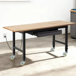 VEVOR Adjustable Workbench on Wheels, 2000 lbs Capacity, 60 x 24 Inch Oak Wood Top Workbench with Drawer & Power Outlets, Heavy-Duty Hardwood Worktable for Garage, Workshop, Home, Office, Commercial