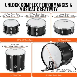 VEVOR Adult Drum Set, 5-Piece, 22 inches Complete Full Size Drum Kit with Bass Toms Snare Floor Drum Adjustable Throne Stands Cymbal Hi-Hat Pedal and Drumsticks, Beginner Drum Kit for Adults, Black