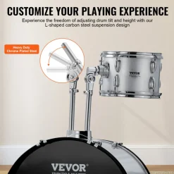 VEVOR Adult Drum Set, 5-Piece, 22 inches Complete Full Size Drum Kit with Bass Toms Snare Floor Drum Adjustable Throne Stands Cymbal Hi-Hat Pedal and Drumsticks, Beginner Drum Kit for Adults, Silver