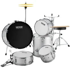 VEVOR Adult Drum Set, 5-Piece, 22 inches Complete Full Size Drum Kit with Bass Toms Snare Floor Drum Adjustable Throne Stands Cymbal Hi-Hat Pedal and Drumsticks, Beginner Drum Kit for Adults, Silver