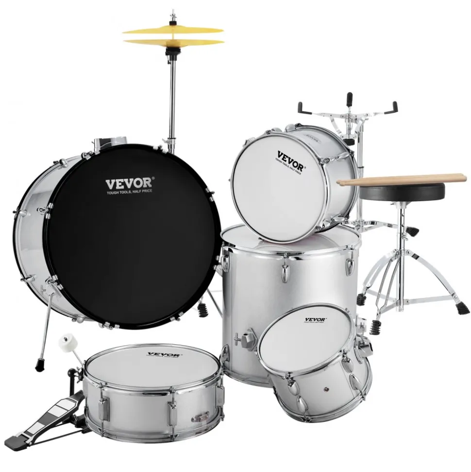 VEVOR Adult Drum Set, 5-Piece, 22 inches Complete Full Size Drum Kit with Bass Toms Snare Floor Drum Adjustable Throne Stands Cymbal Hi-Hat Pedal and Drumsticks, Beginner Drum Kit for Adults, Silver