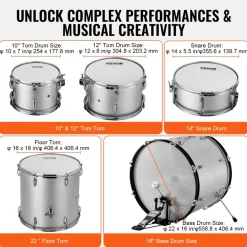 VEVOR Adult Drum Set, 5-Piece, 22 inches Complete Full Size Drum Kit with Bass Toms Snare Floor Drum Adjustable Throne Stands Cymbal Hi-Hat Pedal and Drumsticks, Beginner Drum Kit for Adults, Silver