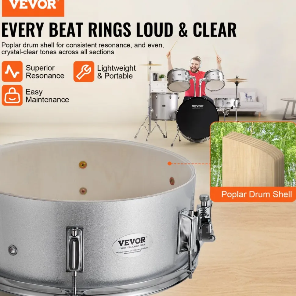 VEVOR Adult Drum Set, 5-Piece, 22 inches Complete Full Size Drum Kit with Bass Toms Snare Floor Drum Adjustable Throne Stands Cymbal Hi-Hat Pedal and Drumsticks, Beginner Drum Kit for Adults, Silver