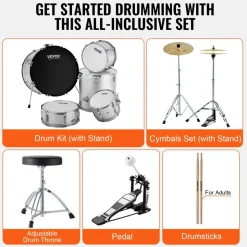 VEVOR Adult Drum Set, 5-Piece, 22 inches Complete Full Size Drum Kit with Bass Toms Snare Floor Drum Adjustable Throne Stands Cymbal Hi-Hat Pedal and Drumsticks, Beginner Drum Kit for Adults, Silver