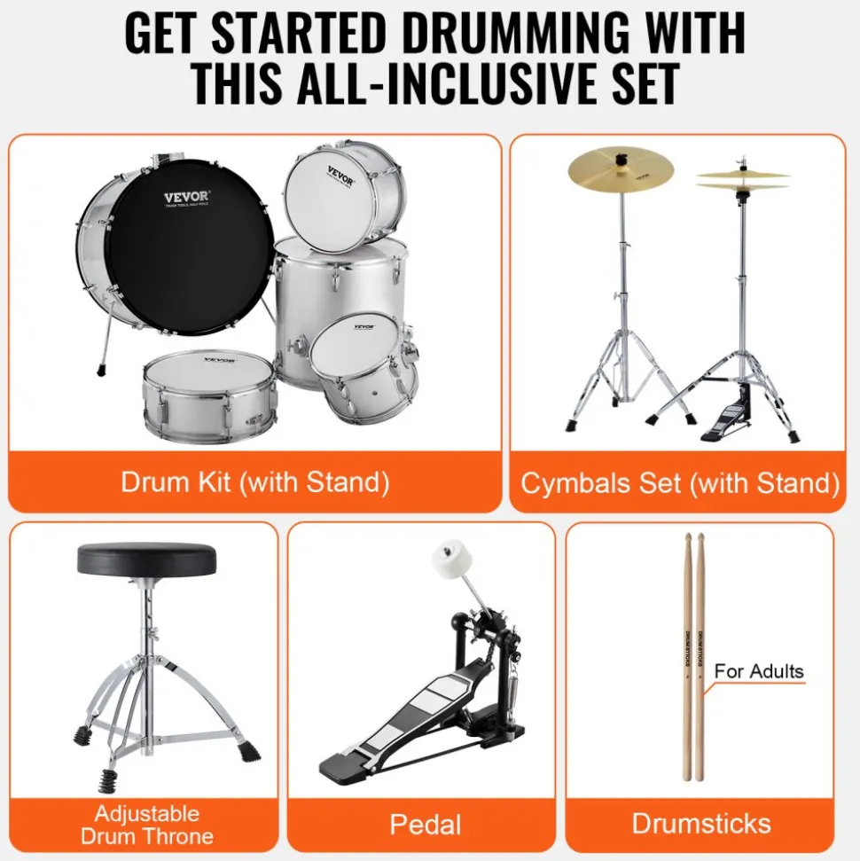 VEVOR Adult Drum Set, 5-Piece, 22 inches Complete Full Size Drum Kit with Bass Toms Snare Floor Drum Adjustable Throne Stands Cymbal Hi-Hat Pedal and Drumsticks, Beginner Drum Kit for Adults, Silver