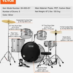 VEVOR Adult Drum Set, 5-Piece, 22 inches Complete Full Size Drum Kit with Bass Toms Snare Floor Drum Adjustable Throne Stands Cymbal Hi-Hat Pedal and Drumsticks, Beginner Drum Kit for Adults, Silver