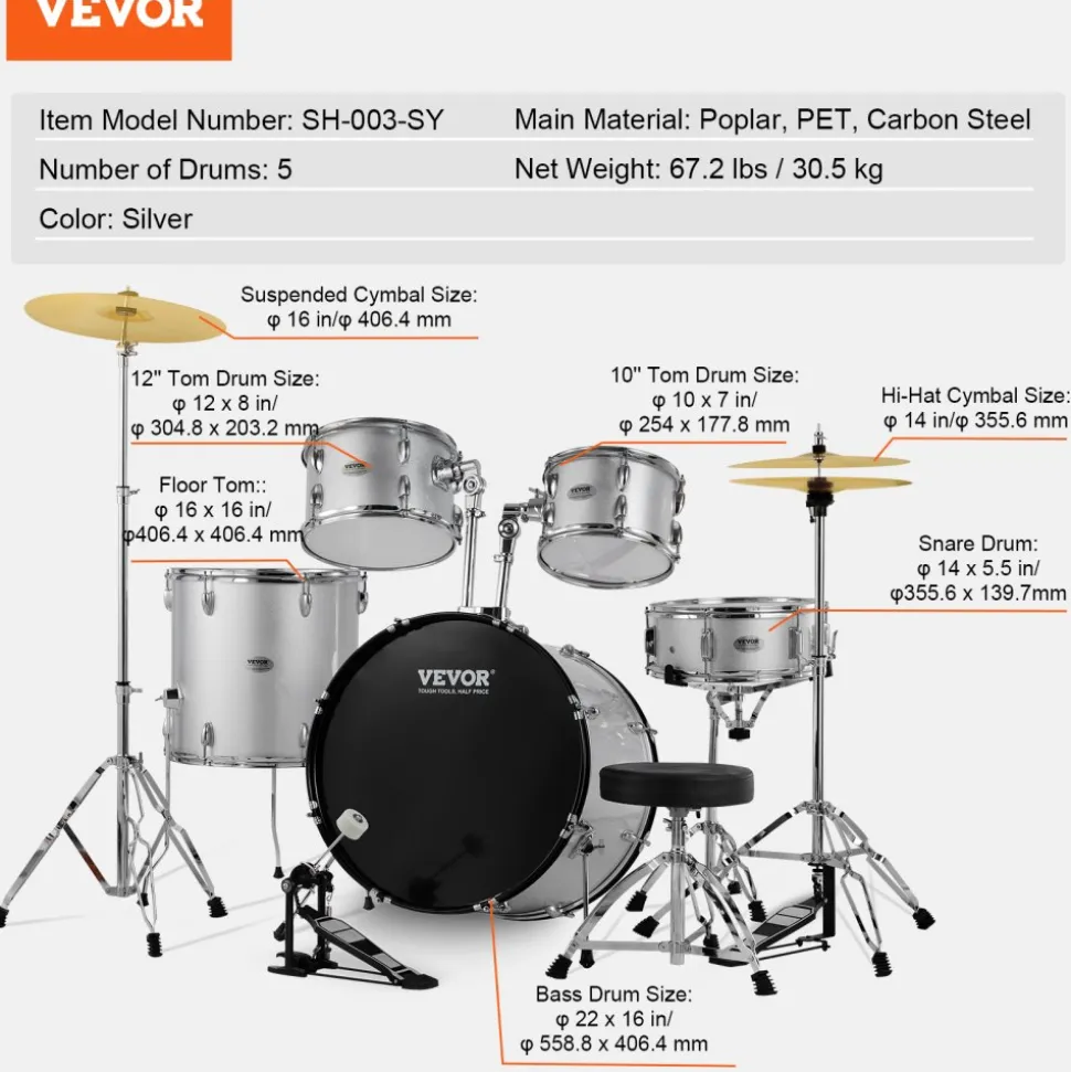VEVOR Adult Drum Set, 5-Piece, 22 inches Complete Full Size Drum Kit with Bass Toms Snare Floor Drum Adjustable Throne Stands Cymbal Hi-Hat Pedal and Drumsticks, Beginner Drum Kit for Adults, Silver