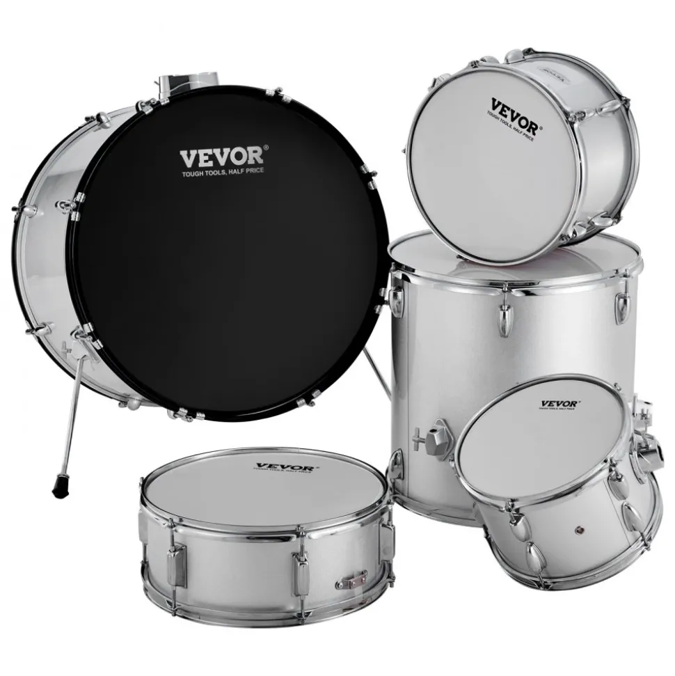 VEVOR Adult Drum Set, 5-Piece, 22 inches Complete Full Size Drum Kit with Bass Toms Snare Floor Drum Adjustable Throne Stands Cymbal Hi-Hat Pedal and Drumsticks, Beginner Drum Kit for Adults, Silver