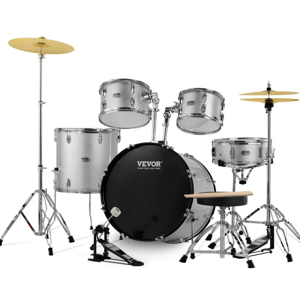 VEVOR Adult Drum Set, 5-Piece, 22 inches Complete Full Size Drum Kit with Bass Toms Snare Floor Drum Adjustable Throne Stands Cymbal Hi-Hat Pedal and Drumsticks, Beginner Drum Kit for Adults, Silver