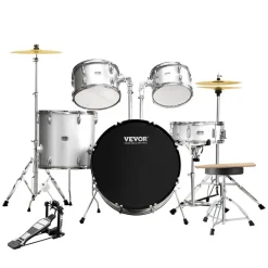 VEVOR Adult Drum Set, 5-Piece, 22 inches Complete Full Size Drum Kit with Bass Toms Snare Floor Drum Adjustable Throne Stands Cymbal Hi-Hat Pedal and Drumsticks, Beginner Drum Kit for Adults, Silver