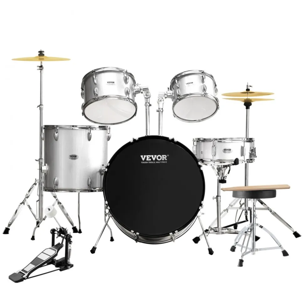 VEVOR Adult Drum Set, 5-Piece, 22 inches Complete Full Size Drum Kit with Bass Toms Snare Floor Drum Adjustable Throne Stands Cymbal Hi-Hat Pedal and Drumsticks, Beginner Drum Kit for Adults, Silver