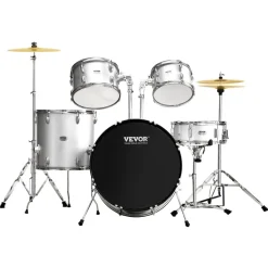 VEVOR Adult Drum Set, 5-Piece, 22 inches Complete Full Size Drum Kit with Bass Toms Snare Floor Drum Adjustable Throne Stands Cymbal Hi-Hat Pedal and Drumsticks, Beginner Drum Kit for Adults, Silver
