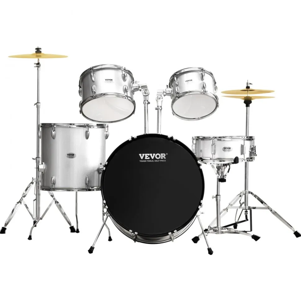 VEVOR Adult Drum Set, 5-Piece, 22 inches Complete Full Size Drum Kit with Bass Toms Snare Floor Drum Adjustable Throne Stands Cymbal Hi-Hat Pedal and Drumsticks, Beginner Drum Kit for Adults, Silver