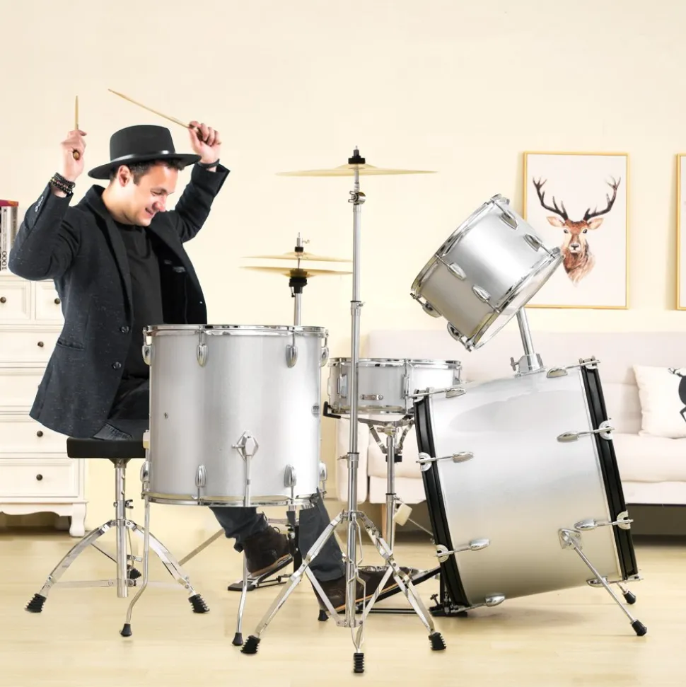 VEVOR Adult Drum Set, 5-Piece, 22 inches Complete Full Size Drum Kit with Bass Toms Snare Floor Drum Adjustable Throne Stands Cymbal Hi-Hat Pedal and Drumsticks, Beginner Drum Kit for Adults, Silver