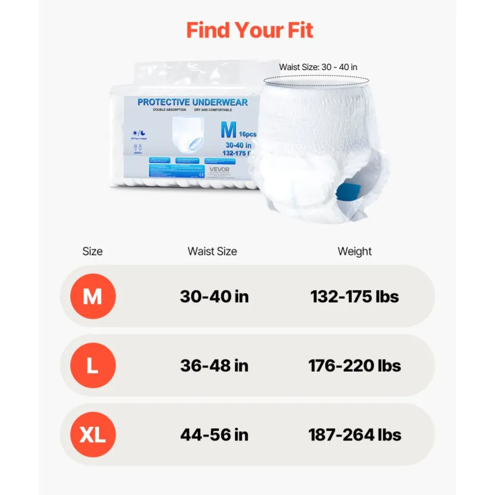 VEVOR Adult Incontinence Underwear, High Absorbent Protective Underwear for Men & Women, Disposable Adult Pull-ups Diaper with Leakproof Leg Cuff & Wetness Indicator - XL Size, 64 Count (4 Pack of 16)